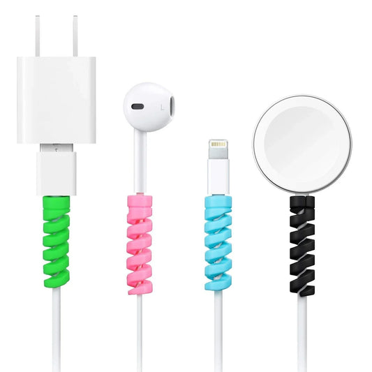 Colorful spiral cable protectors on charger, earphones, USB and wireless charging cables