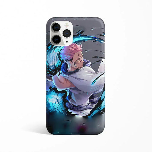 Anime phone case featuring dynamic pink-haired character with swirling blue energy design