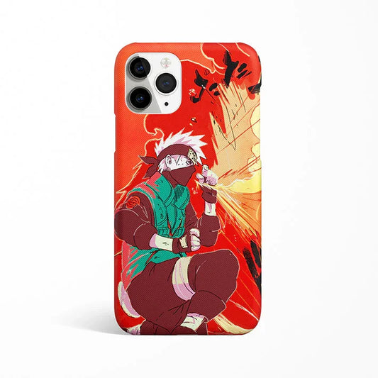 Anime phone case with masked ninja character and red explosive background design