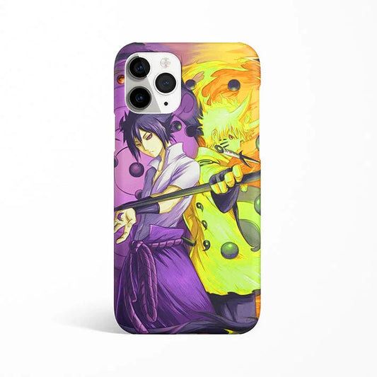 Anime phone case featuring two vibrant characters with purple and yellow backgrounds