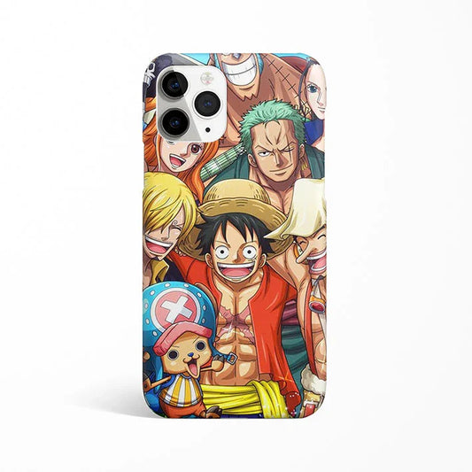 Anime phone case featuring colorful One Piece characters, perfect for fans and mobile protection