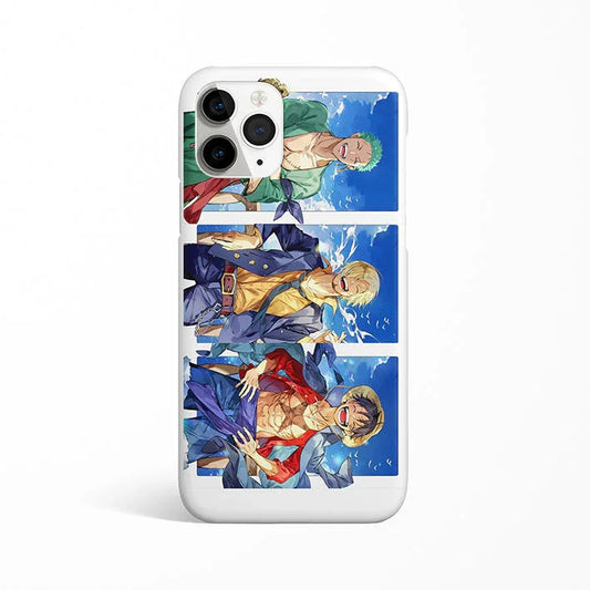 Anime phone case featuring three One Piece characters in colorful, vibrant artwork