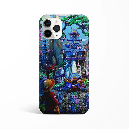 Anime phone case with vibrant Japanese temple, cherry blossoms, waterfall, and character in straw hat