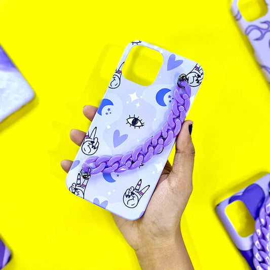 Purple chain phone case with cartoon hand gestures, hearts, and moon designs on lavender background