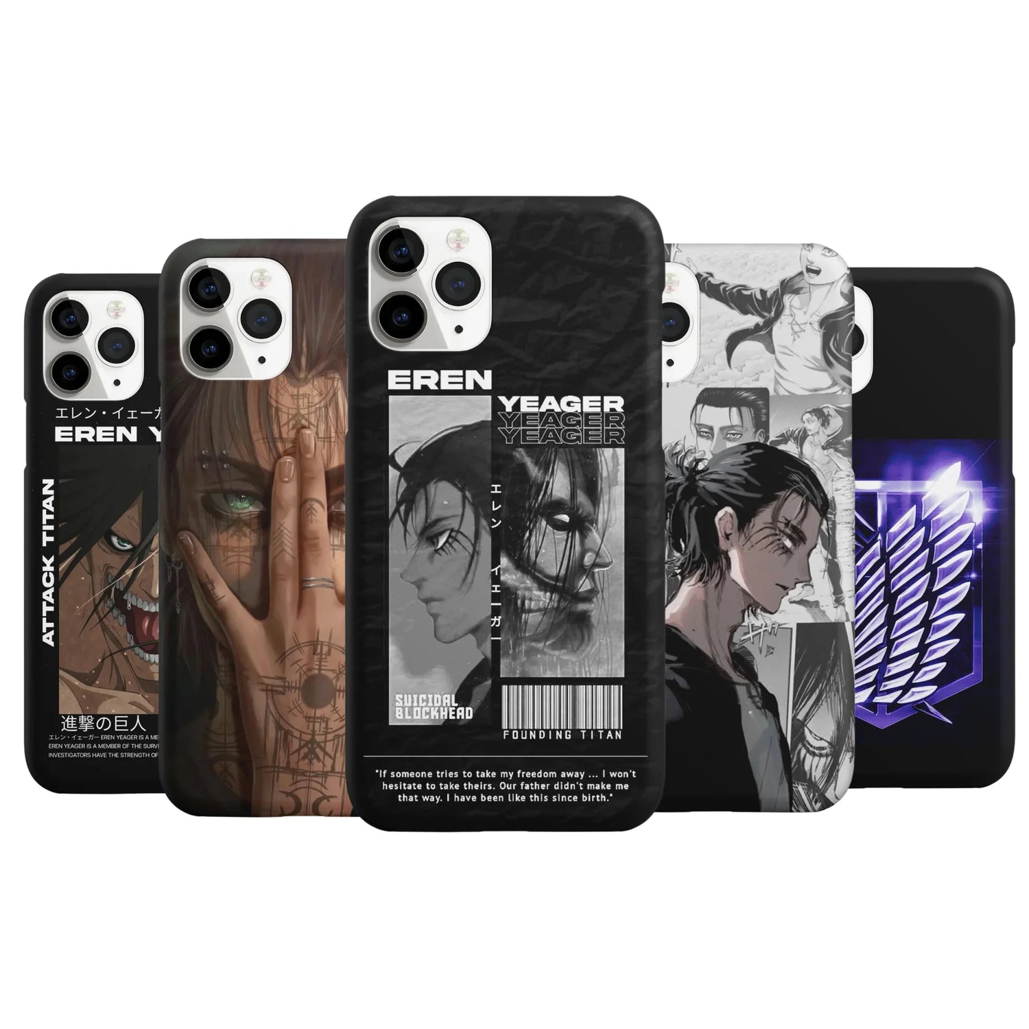 Anime Attack on Titan phone cases featuring Eren Yeager and Scout Regiment emblem designs.