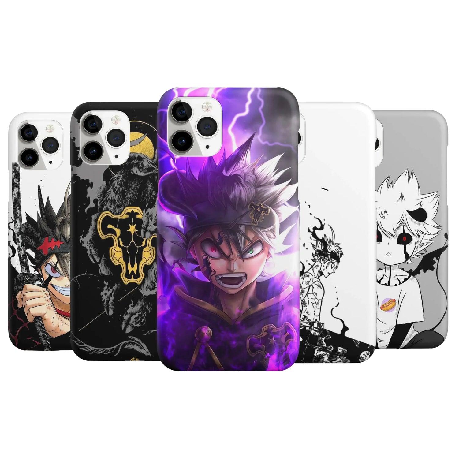 Anime-themed phone cases featuring Black Clover characters in vivid colors and dynamic designs.