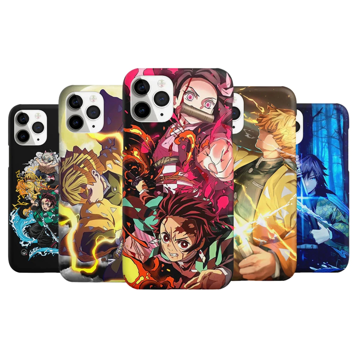Anime phone cases featuring colorful Demon Slayer character designs in dynamic action poses