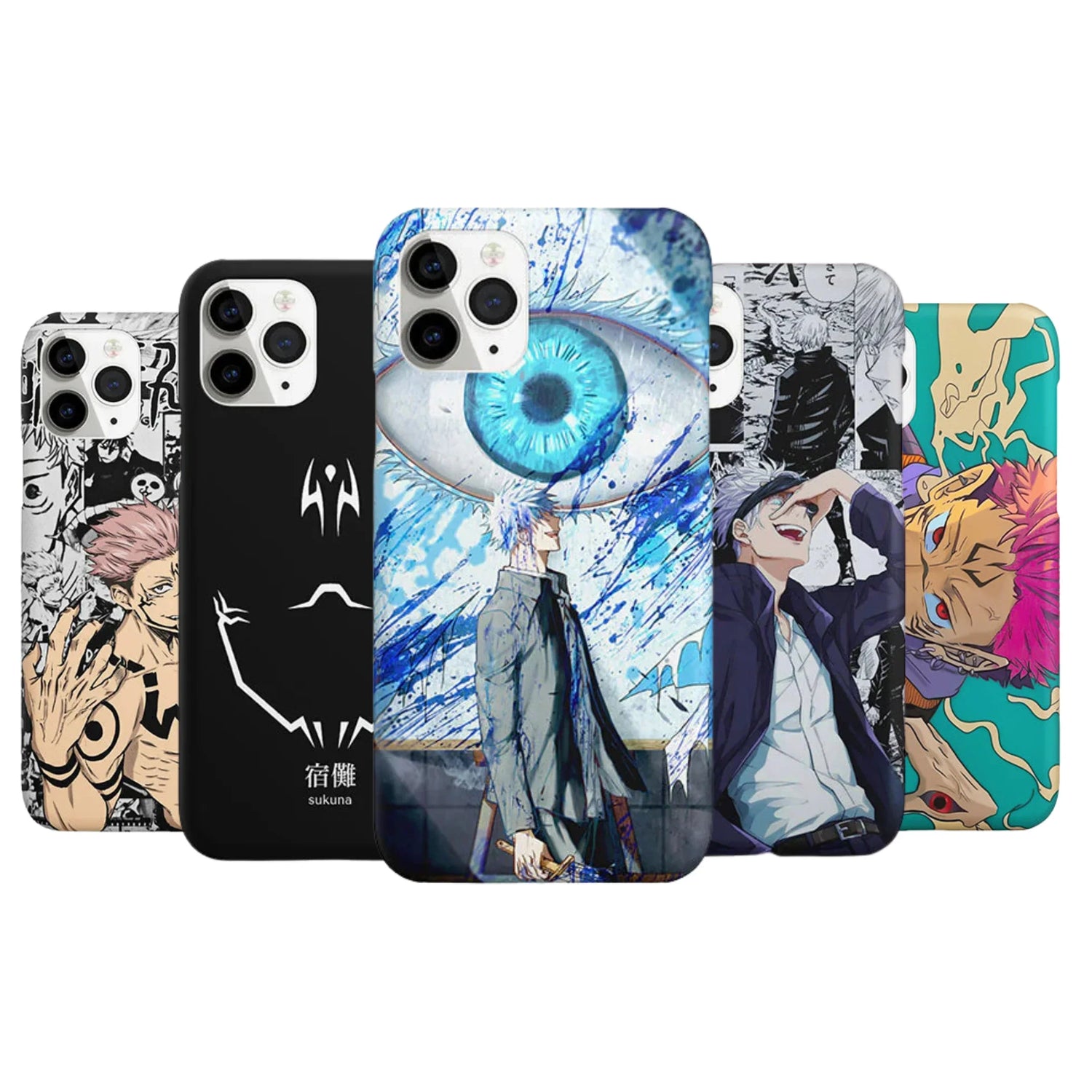 Anime phone cases featuring bold character illustrations and vibrant designs, compatible with multiple smartphone models.