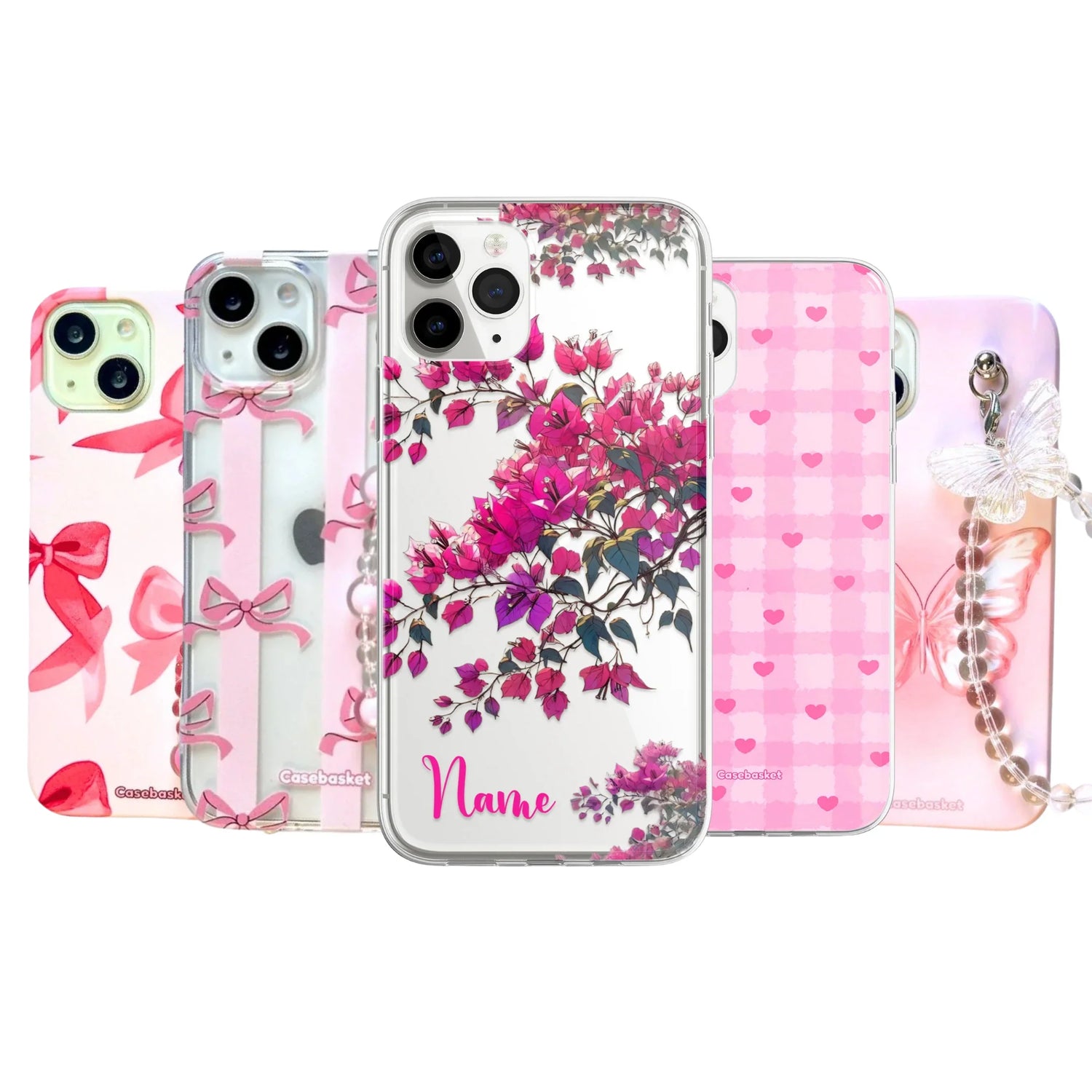 Assorted pink mobile phone cases with floral, bow, heart, and butterfly designs