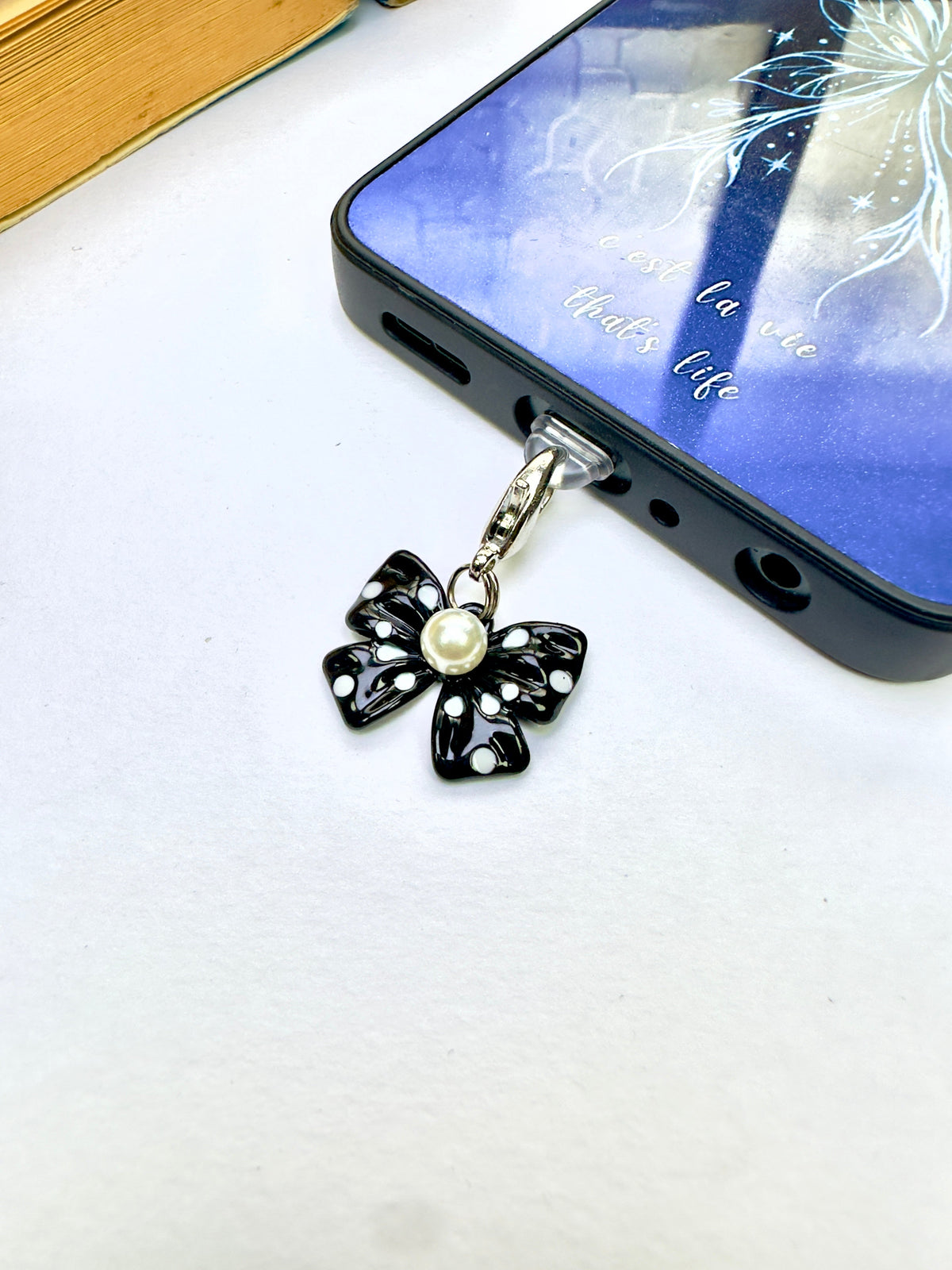Polka Pearl Bow Phone Charm