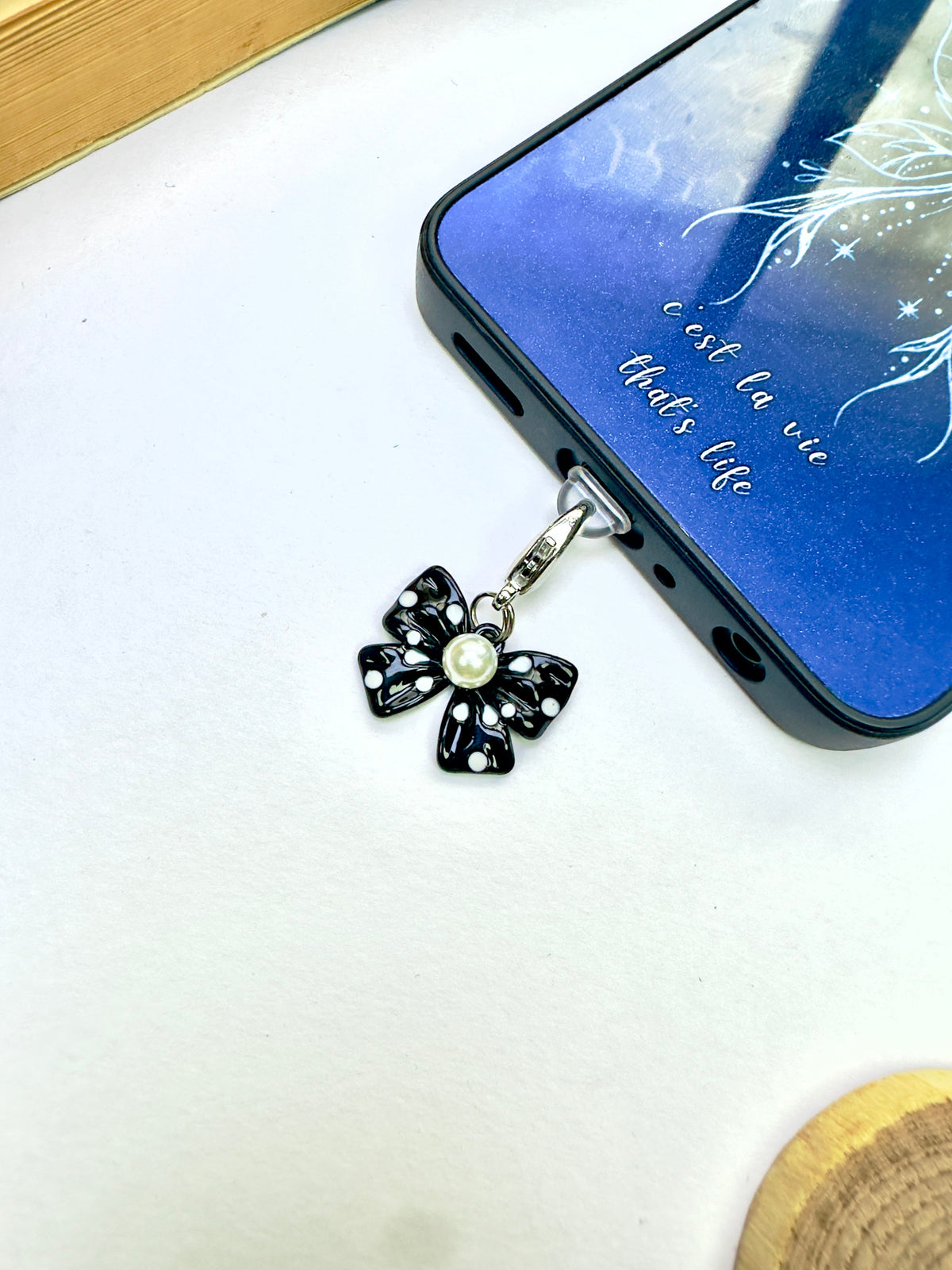 Polka Pearl Bow Phone Charm