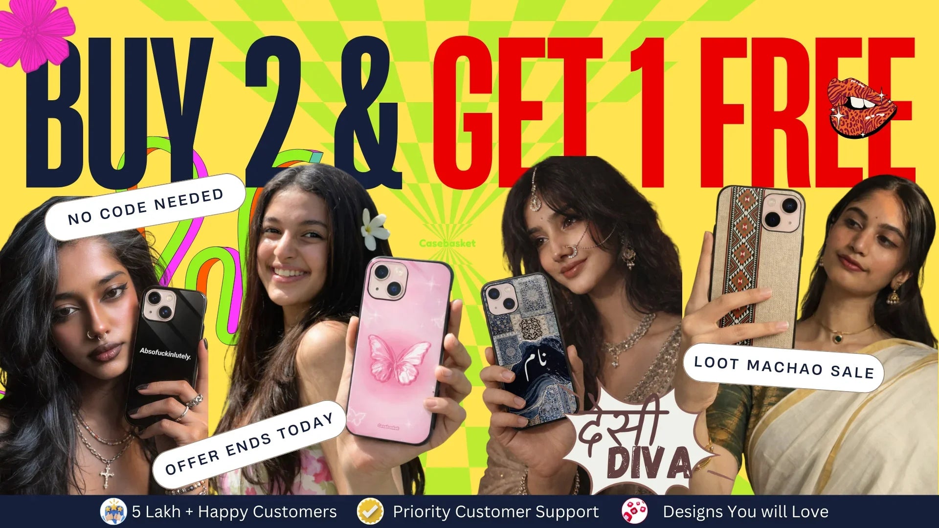 Promotional banner with three women holding phone cases, featuring text 'Buy 2 & Get 1 Free' and 'Loot Machao Sale'.