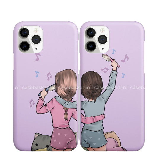 Matching phone cases with cartoon girls singing, friendship theme, pastel design