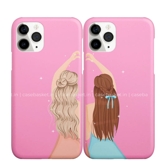 Pair of pink phone cases with cartoon best friends making heart shape, sparkles, long hair