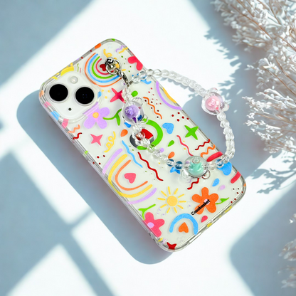 Colorful phone case with decorative elements on a light background