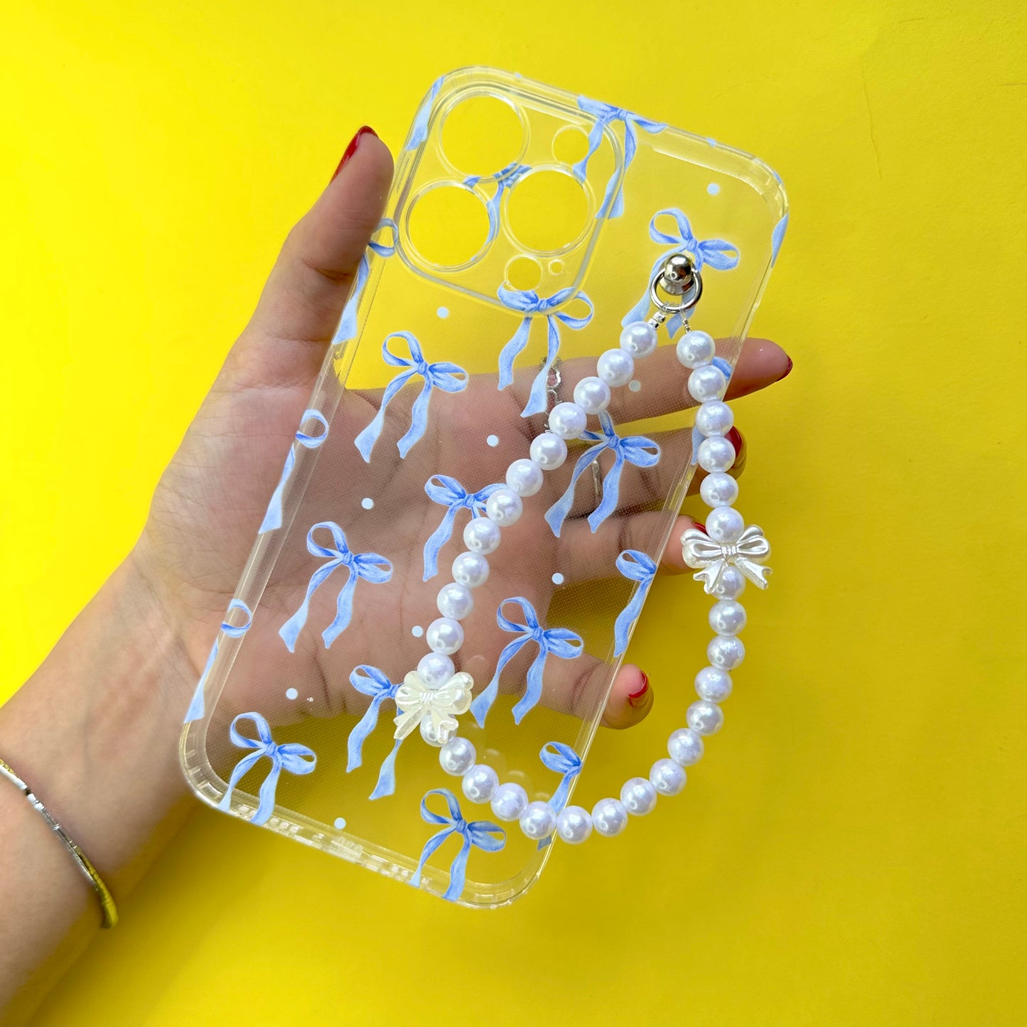 Bluvie Transparent Bow Pearl Fall Chain Phone Cover