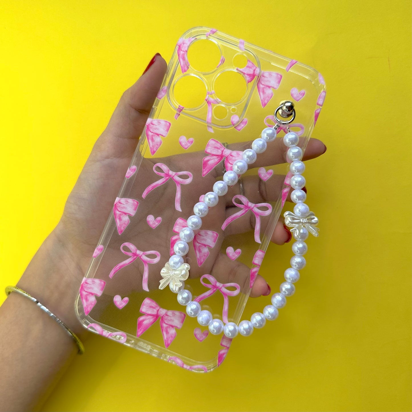 Bowbae Transparent Bow Pearl Fall Chain Phone Cover