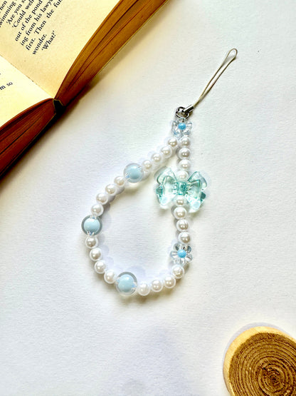 Aqua Bow Pearl Phone Chain Charm