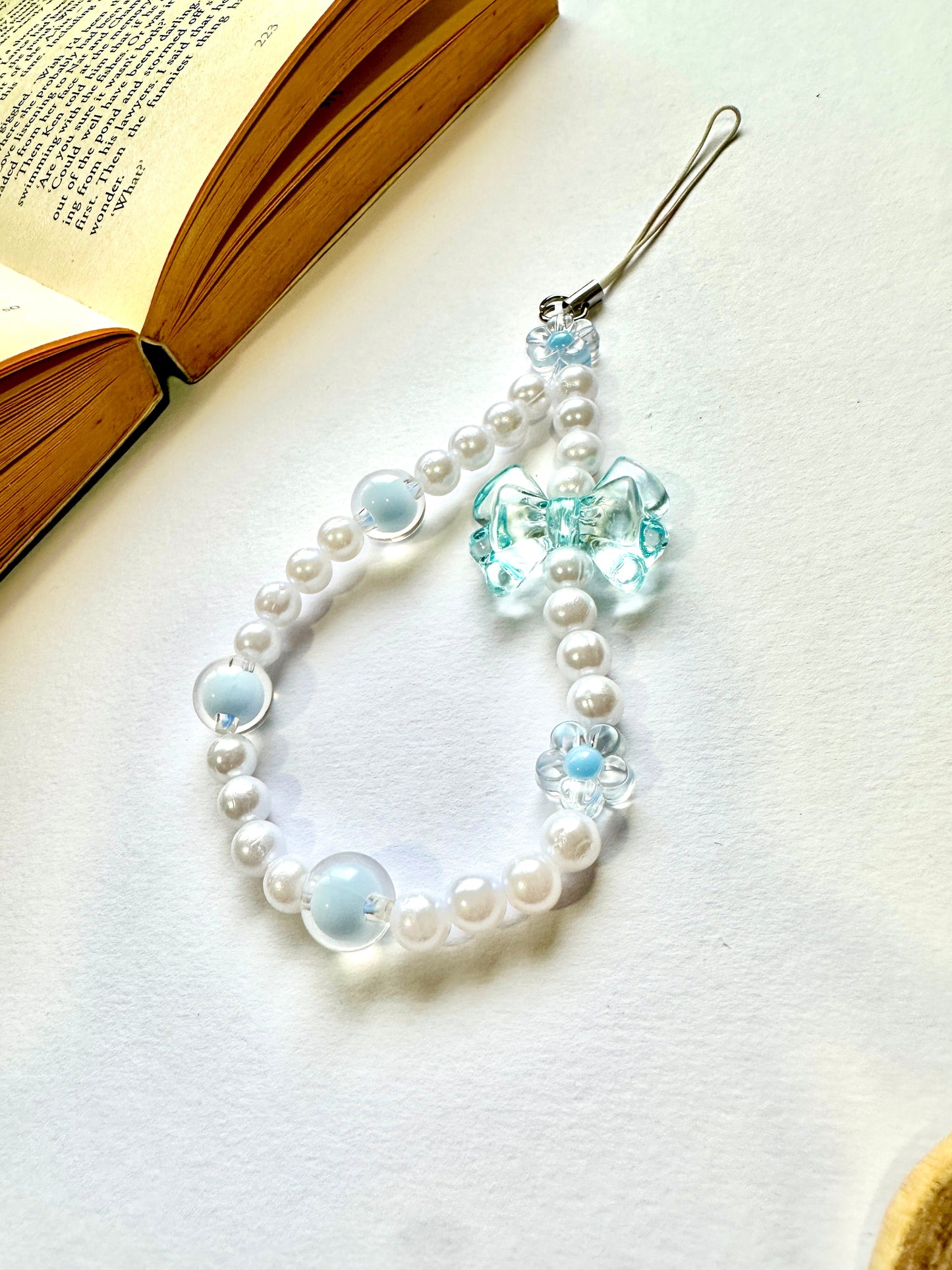 Aqua Bow Pearl Phone Chain Charm