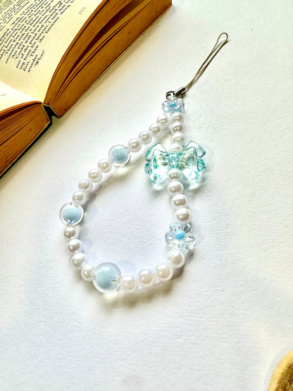 Aqua Bow Pearl Phone Chain Charm