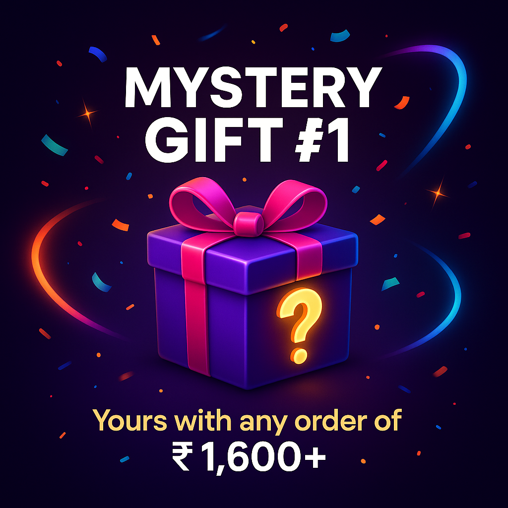 Promotional graphic for a mystery gift with a purple box and pink ribbon on a dark background.