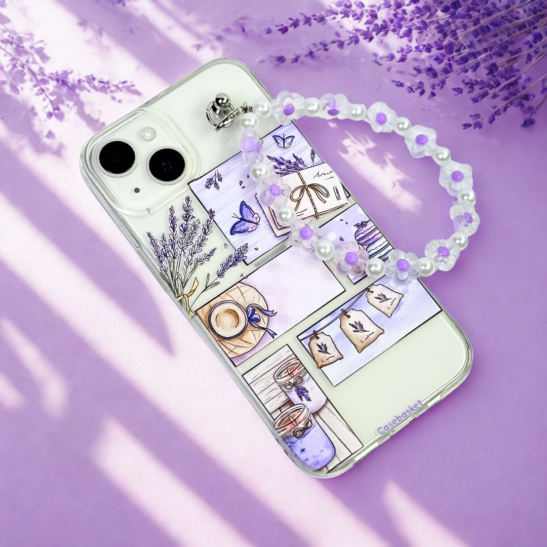 Phone case with lavender design and pearl necklace on a purple background
