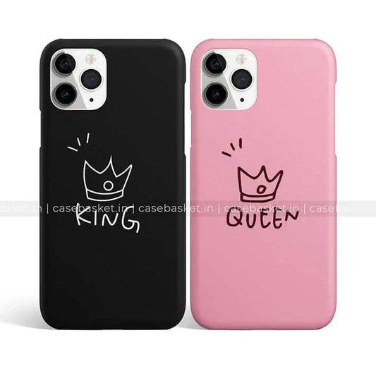 King and Queen couple phone cases in black and pink with crown designs