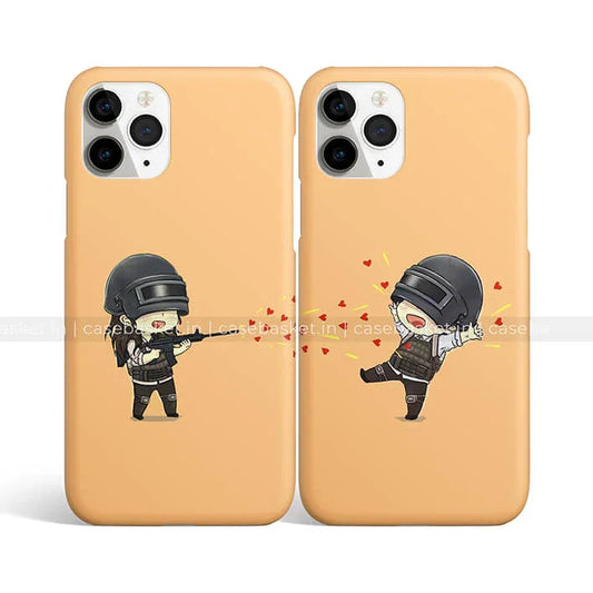 Couple phone cases with cute cartoon characters in tactical gear and heart design