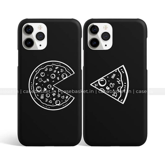 Black couple phone cases with white pizza and pizza slice illustrations for smartphones